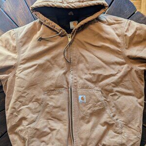 Men's LARGE Carhartt Washed Duck Brown Quilted Hooded Jacket #14806